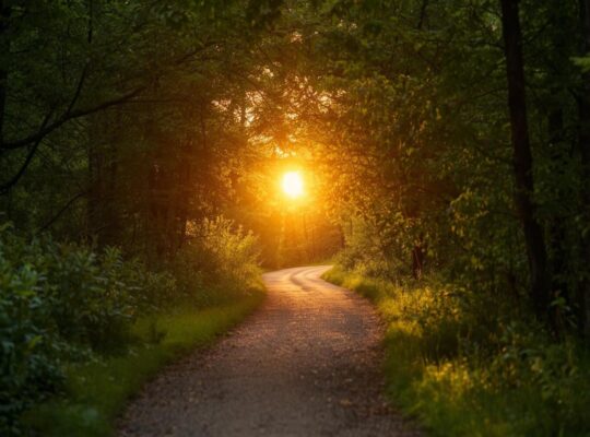 Sentier dans une forêt baignée de lumière dorée, évoquant le chemin intérieur et la sérénité en fin de vie.
