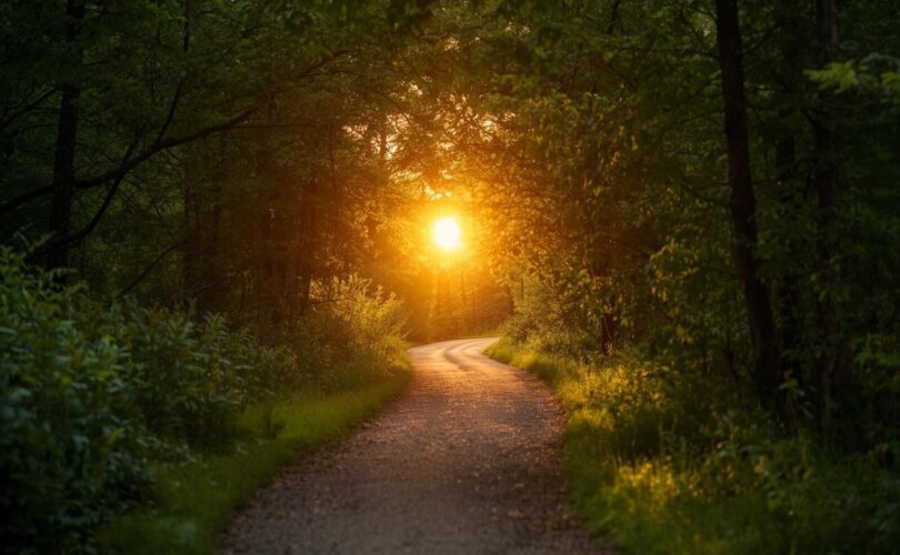 Sentier dans une forêt baignée de lumière dorée, évoquant le chemin intérieur et la sérénité en fin de vie.